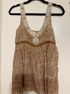 Tracy Reese Tan and Cream Beaded Scoop-Neck Dress